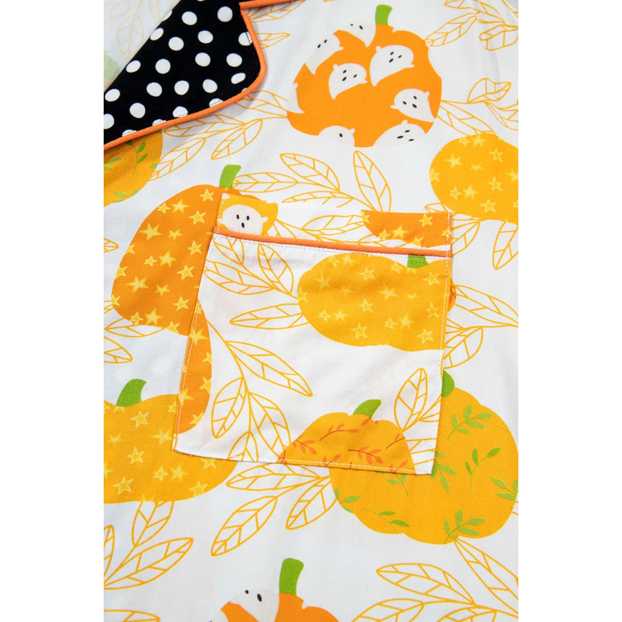 Short Sleeve Pumpkin Print Polka Dot Trim Pocket Placket Lounge Set Apparel and Accessories