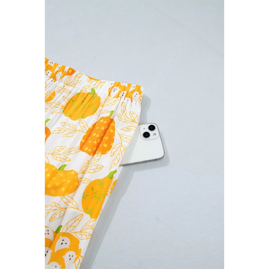 Short Sleeve Pumpkin Print Polka Dot Trim Pocket Placket Lounge Set Apparel and Accessories