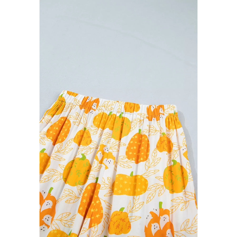 Short Sleeve Pumpkin Print Polka Dot Trim Pocket Placket Lounge Set Apparel and Accessories