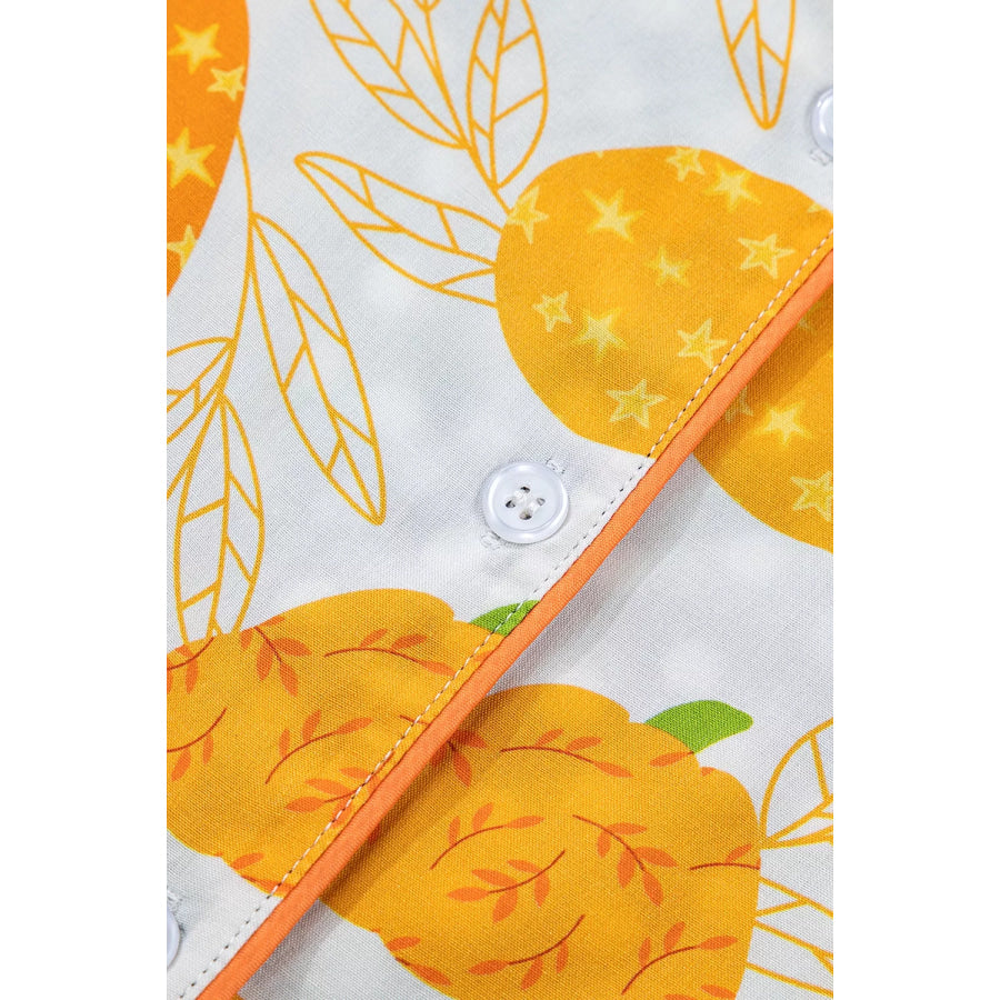 Short Sleeve Pumpkin Print Polka Dot Trim Pocket Placket Lounge Set Apparel and Accessories