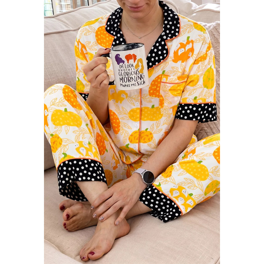 Short Sleeve Pumpkin Print Polka Dot Trim Pocket Placket Lounge Set Apparel and Accessories