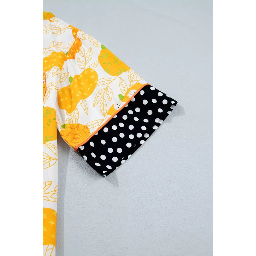 Short Sleeve Pumpkin Print Polka Dot Trim Pocket Placket Lounge Set Apparel and Accessories