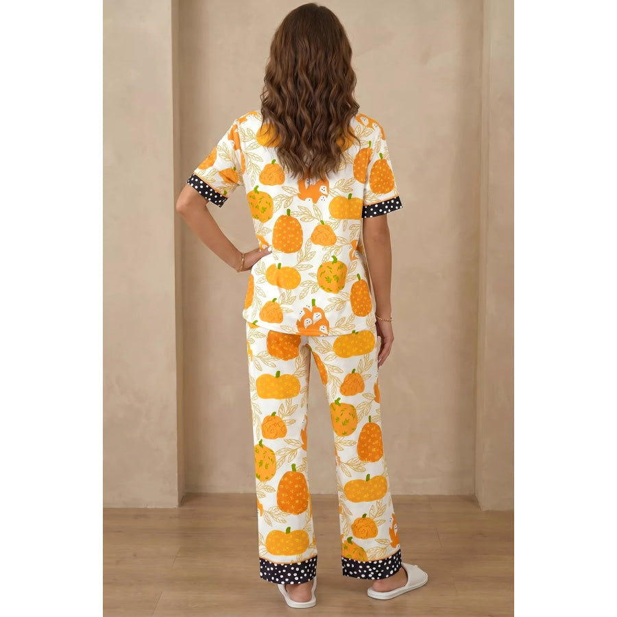 Short Sleeve Pumpkin Print Polka Dot Trim Pocket Placket Lounge Set Apparel and Accessories