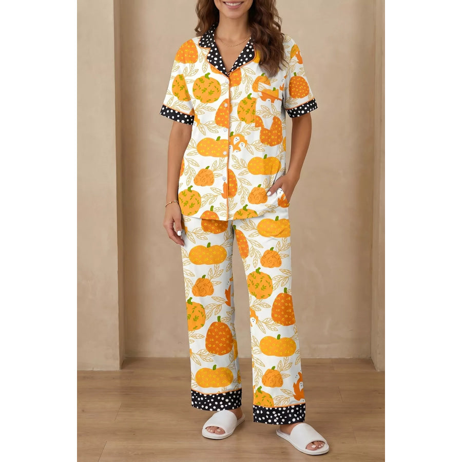 Short Sleeve Pumpkin Print Polka Dot Trim Pocket Placket Lounge Set Apparel and Accessories