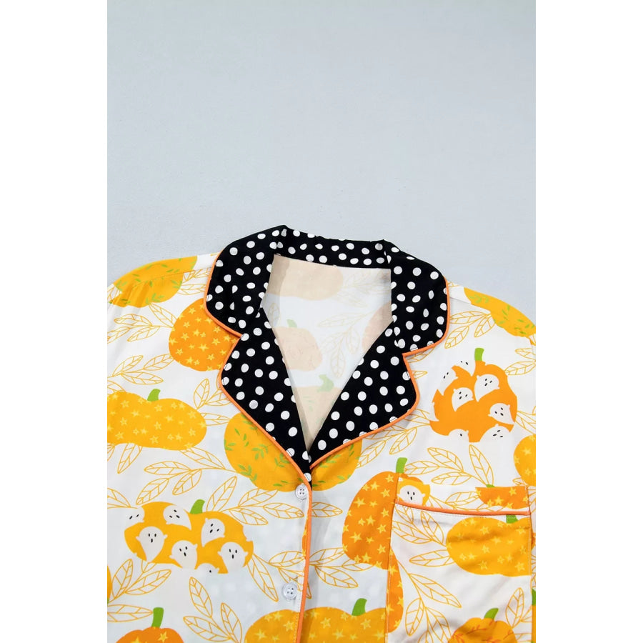 Short Sleeve Pumpkin Print Polka Dot Trim Pocket Placket Lounge Set Apparel and Accessories