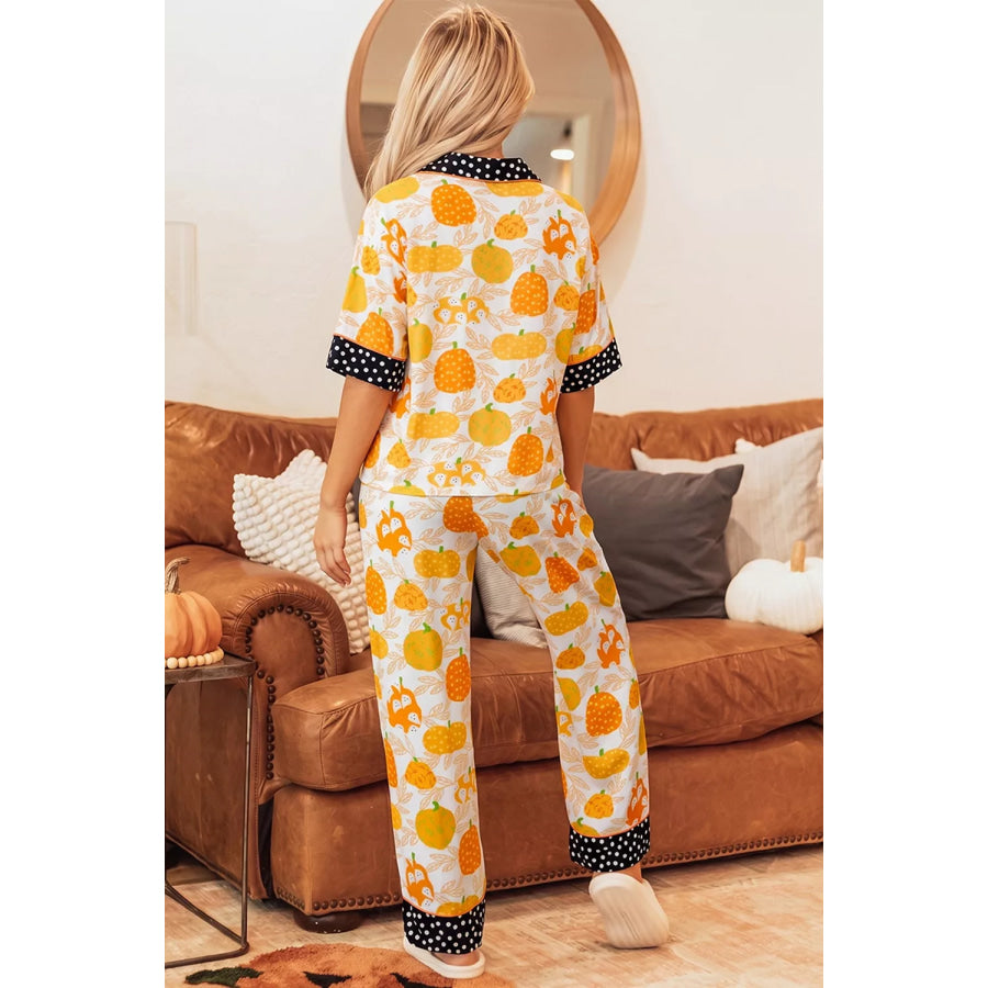 Short Sleeve Pumpkin Print Polka Dot Trim Pocket Placket Lounge Set Apparel and Accessories