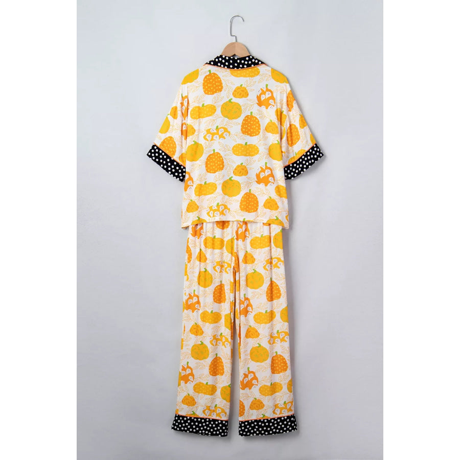 Short Sleeve Pumpkin Print Polka Dot Trim Pocket Placket Lounge Set Apparel and Accessories