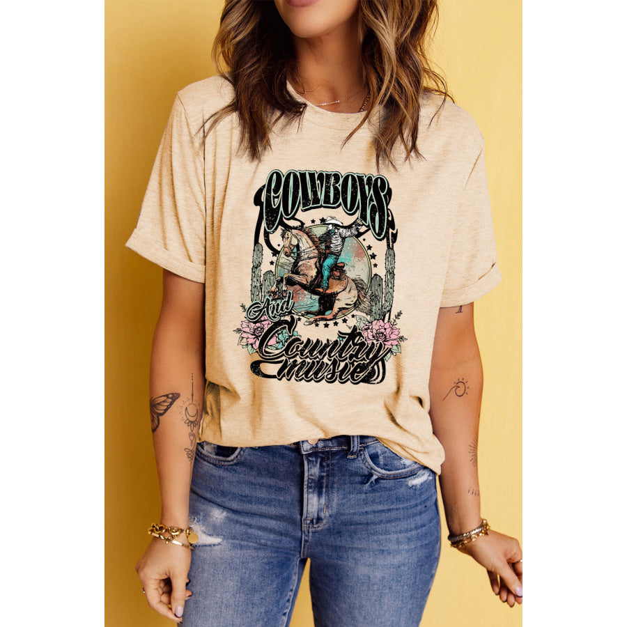Short Sleeve Round Neck Cowboy Graphic Tee Pastel Yellow / S Apparel and Accessories