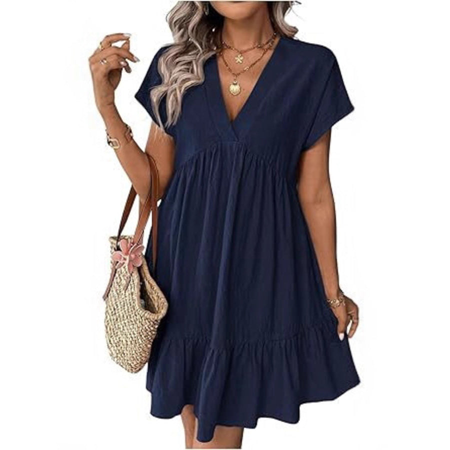 Short Sleeve Ruffle Hem Mini Dress Black / S Apparel and Accessories