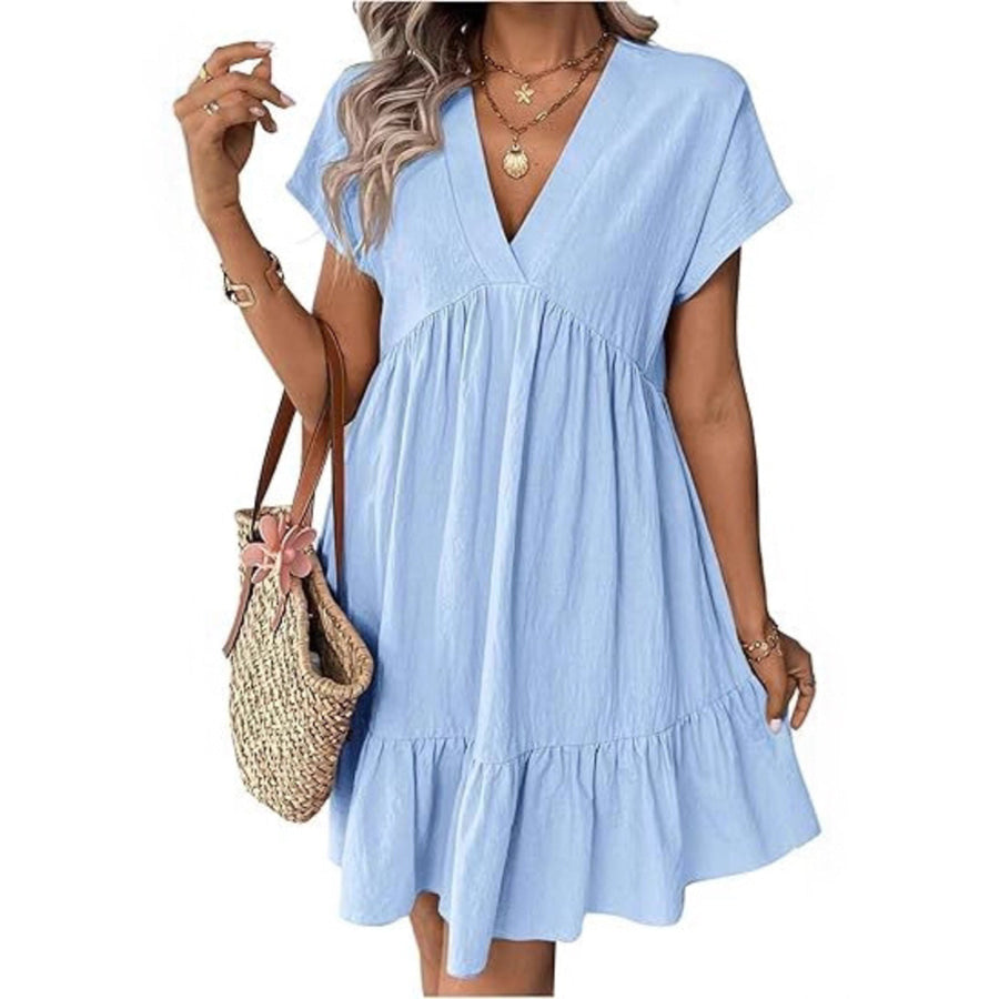 Short Sleeve Ruffle Hem Mini Dress Sky Blue / S Apparel and Accessories