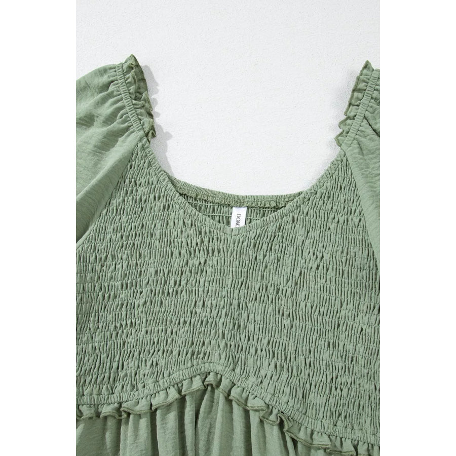 Short Sleeve Shirred Waist V-Neck Textured Mini Dress Apparel and Accessories