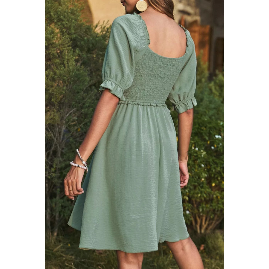 Short Sleeve Shirred Waist V-Neck Textured Mini Dress Apparel and Accessories