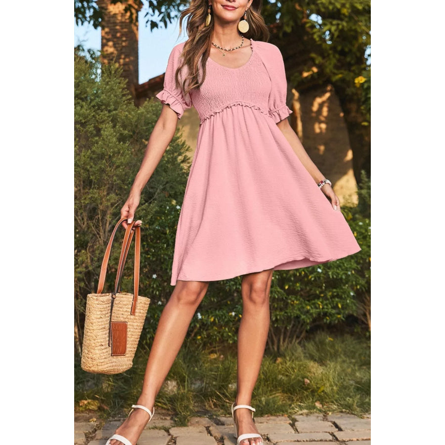 Short Sleeve Shirred Waist V-Neck Textured Mini Dress Apparel and Accessories