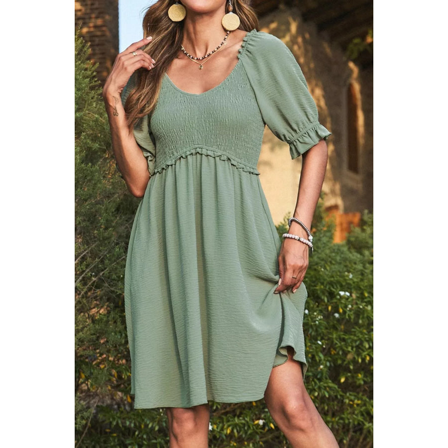 Short Sleeve Shirred Waist V-Neck Textured Mini Dress Apparel and Accessories