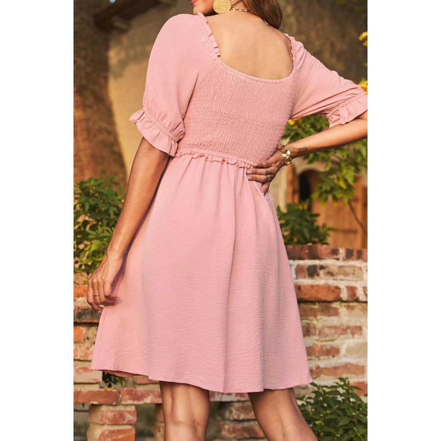 Short Sleeve Shirred Waist V-Neck Textured Mini Dress Apparel and Accessories