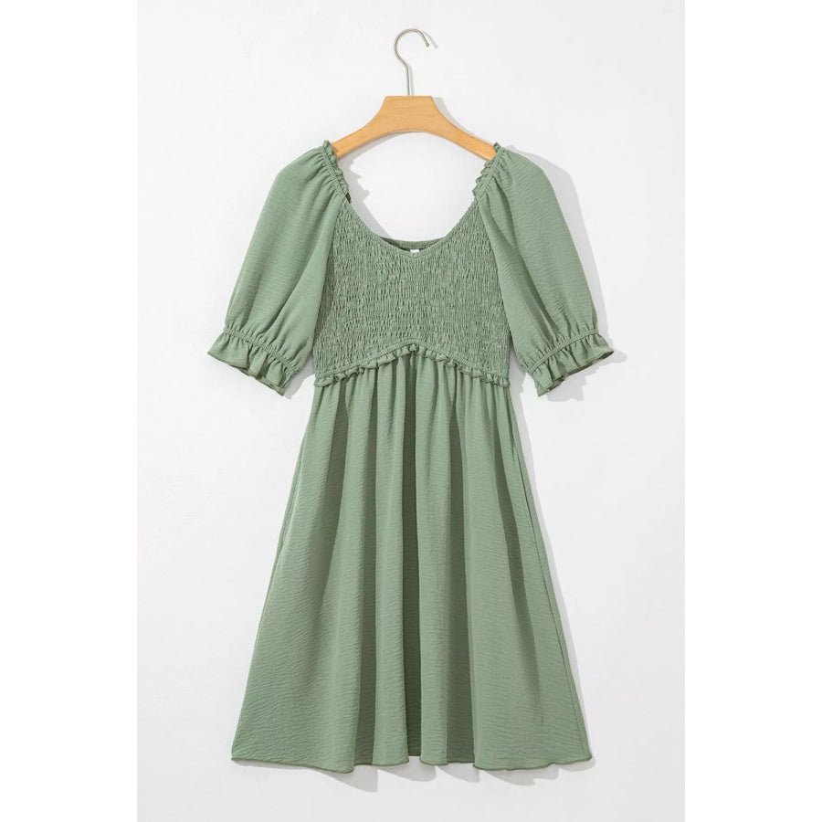 Short Sleeve Shirred Waist V-Neck Textured Mini Dress Apparel and Accessories