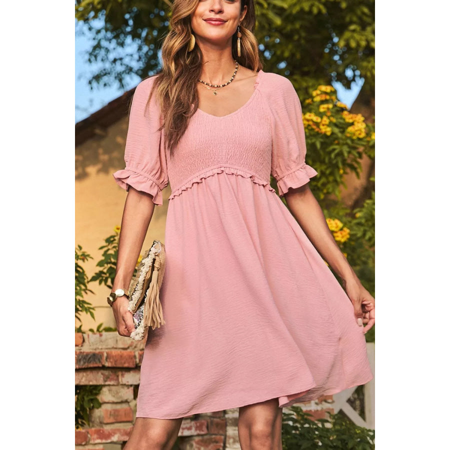 Short Sleeve Shirred Waist V-Neck Textured Mini Dress Dusty Pink / S Apparel and Accessories
