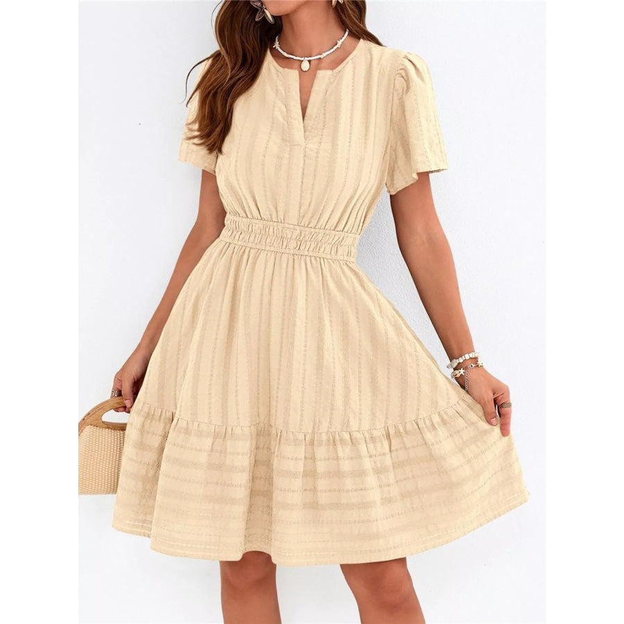Short Sleeve Smocked Waist Tiered Dress Apricot / S Apparel and Accessories