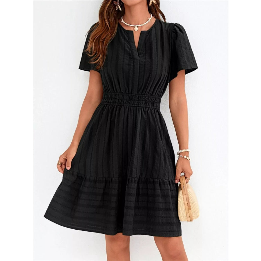 Short Sleeve Smocked Waist Tiered Dress Black / S Apparel and Accessories