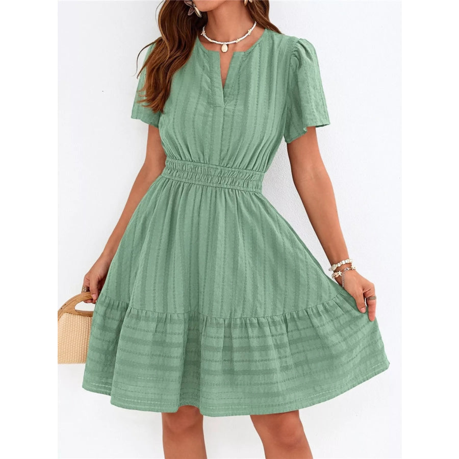 Short Sleeve Smocked Waist Tiered Dress Light Green / S Apparel and Accessories