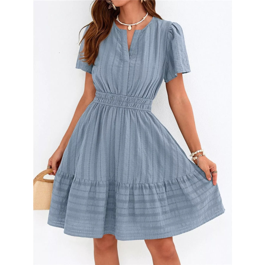 Short Sleeve Smocked Waist Tiered Dress Navy / S Apparel and Accessories