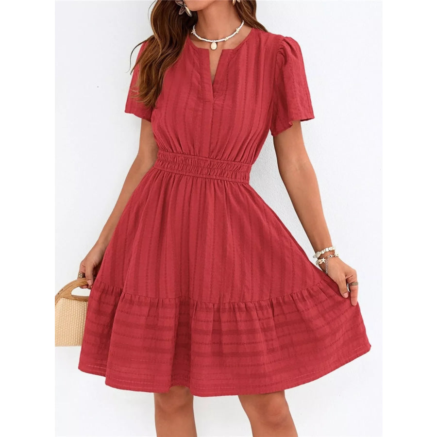 Short Sleeve Smocked Waist Tiered Dress Red / S Apparel and Accessories