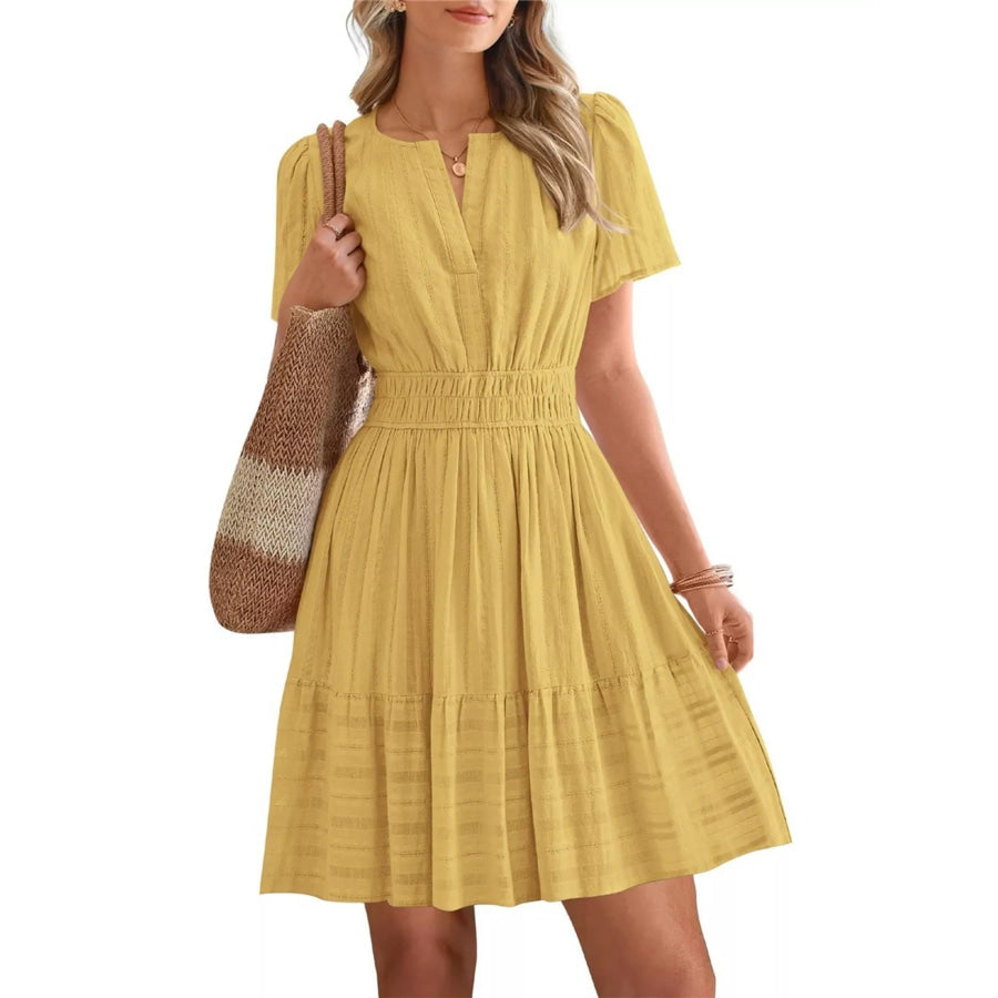 Short Sleeve Smocked Waist Tiered Dress Yellow / S Apparel and Accessories