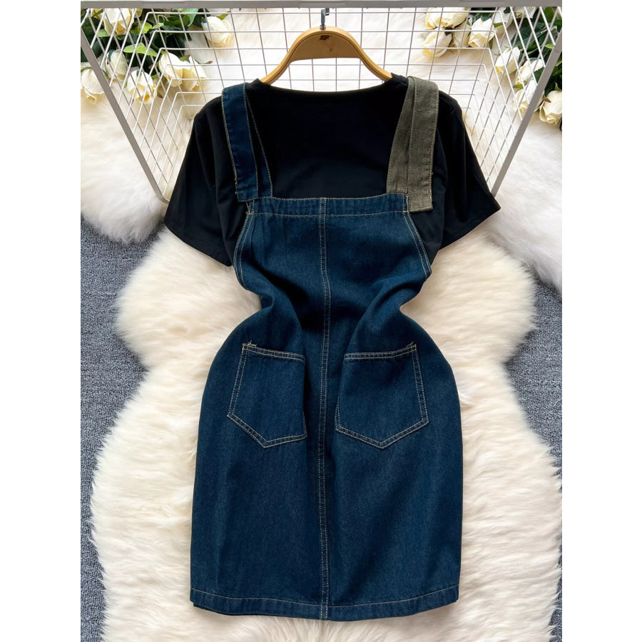 Short Sleeve T-Shirt and Denim Overall Dress Set Apparel and Accessories