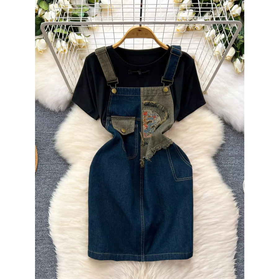 Short Sleeve T-Shirt and Denim Overall Dress Set Black / S Apparel and Accessories