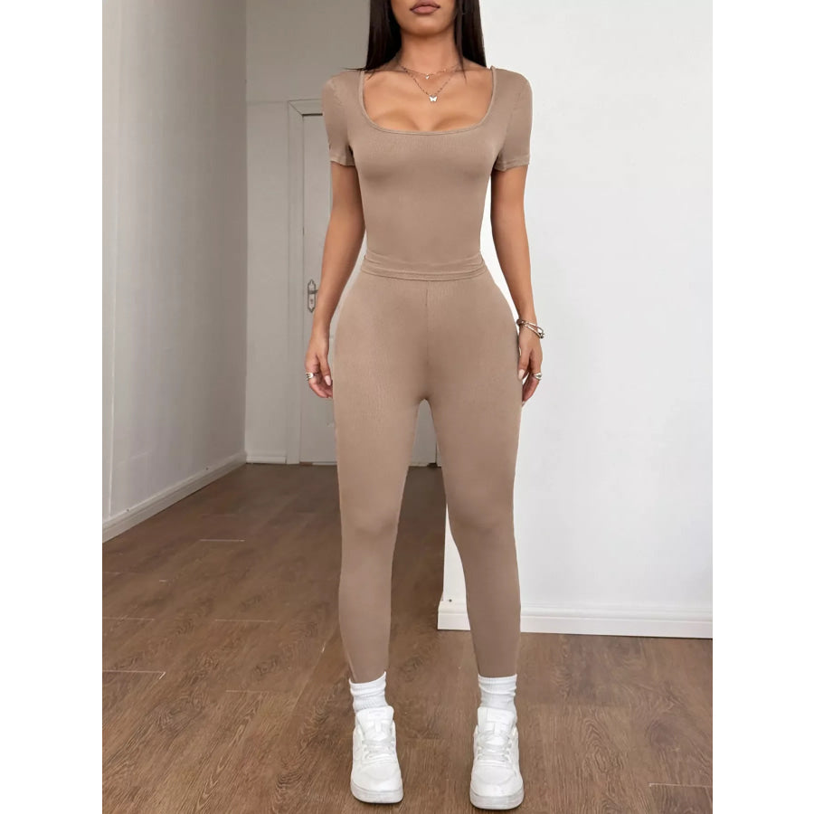 Short Sleeve Top and Leggings Set Khaki / S Apparel and Accessories
