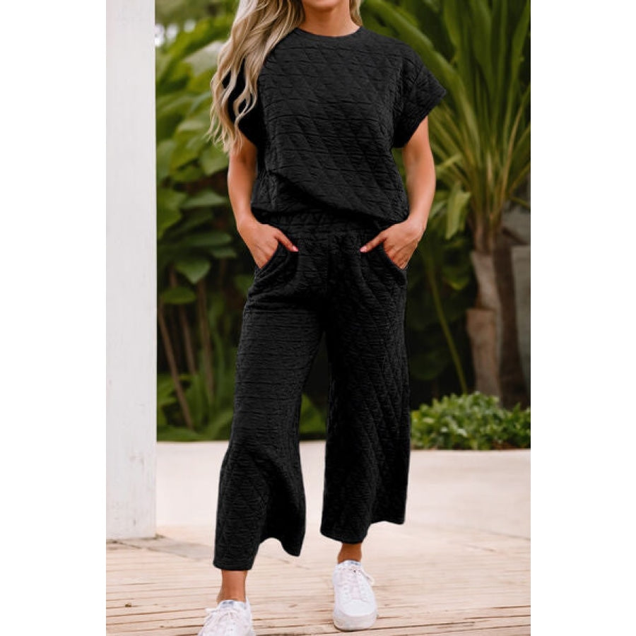 Short Sleeve Top and Pocketed Pants Lounge Set Black / S Clothing