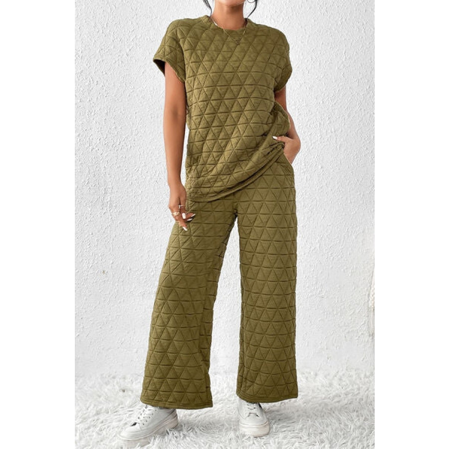 Short Sleeve Top and Pocketed Pants Lounge Set Moss / S Clothing