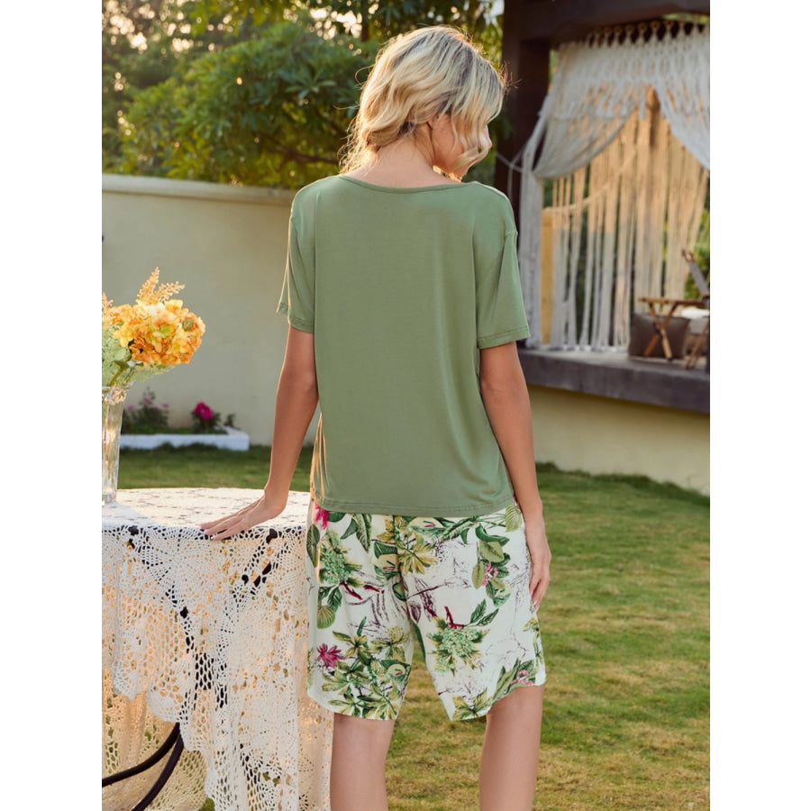 Short Sleeve Top and Printed Shorts Lounge Set Sage / S Apparel and Accessories