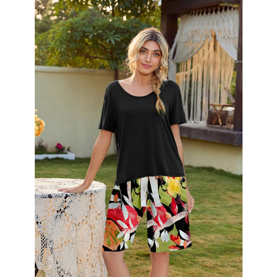 Short Sleeve Top and Printed Shorts Lounge Set Black / S Apparel and Accessories