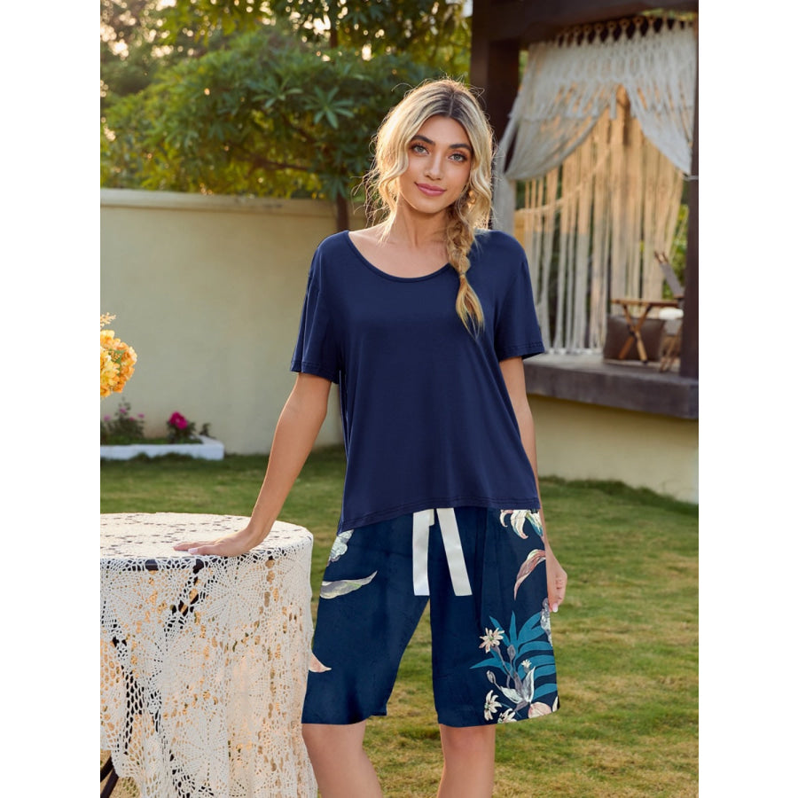 Short Sleeve Top and Printed Shorts Lounge Set Cobalt Blue / S Apparel and Accessories