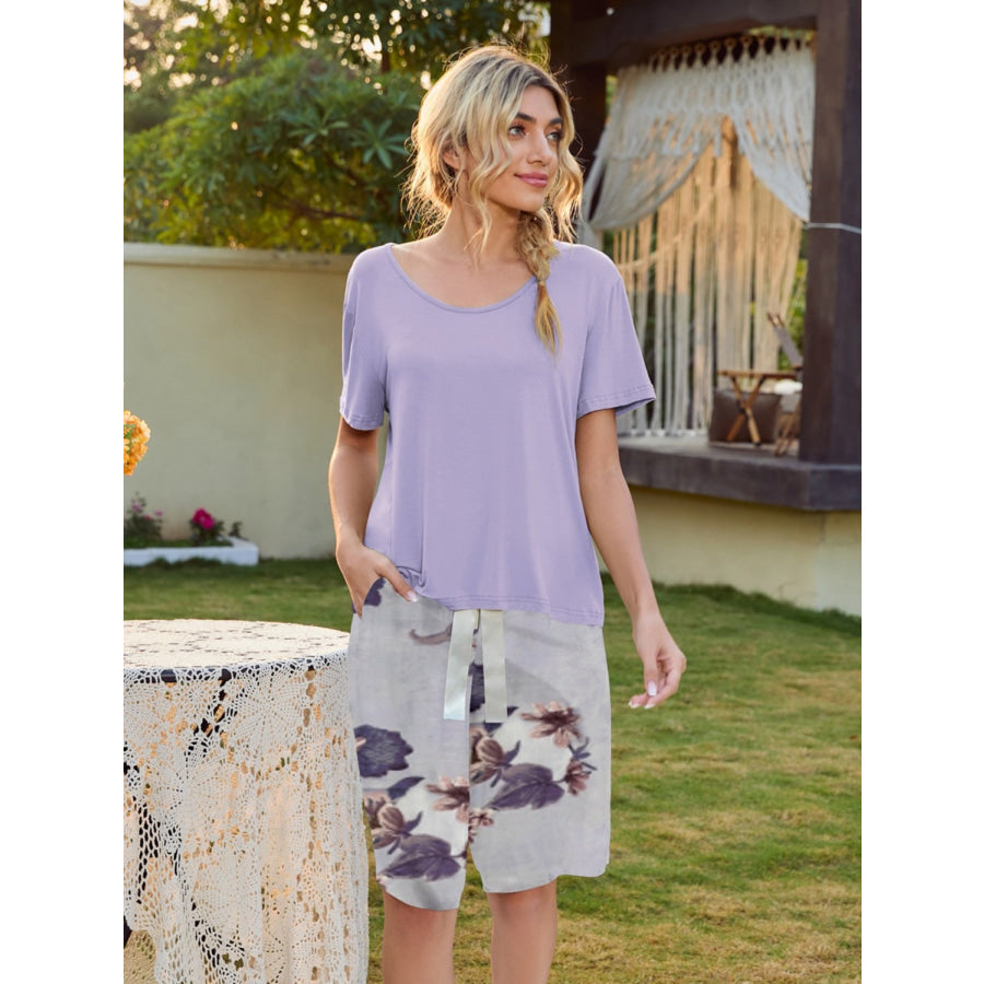 Short Sleeve Top and Printed Shorts Lounge Set Lavender / S Apparel and Accessories