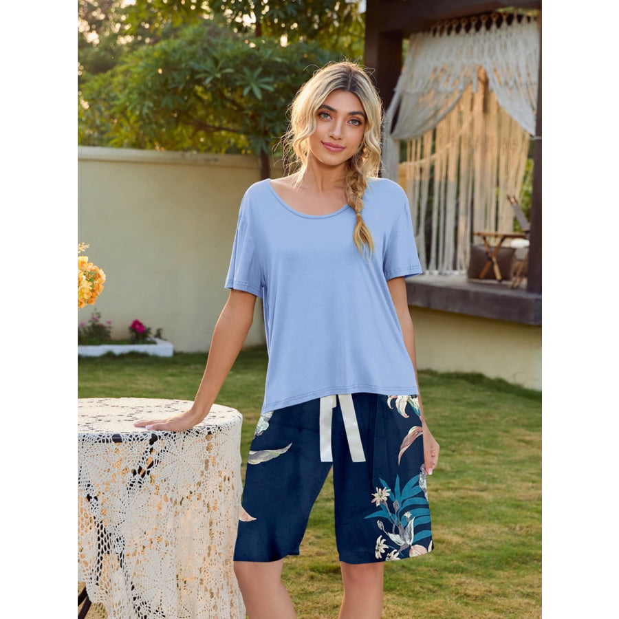 Short Sleeve Top and Printed Shorts Lounge Set Misty Blue / S Apparel and Accessories