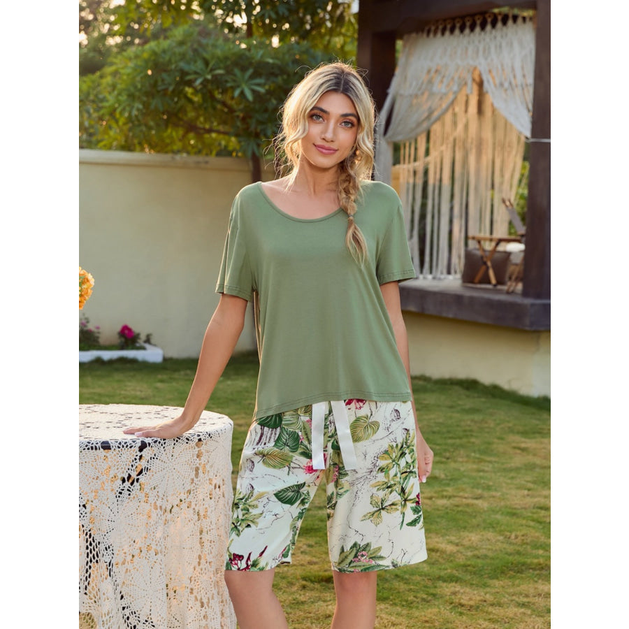Short Sleeve Top and Printed Shorts Lounge Set Sage / S Apparel and Accessories