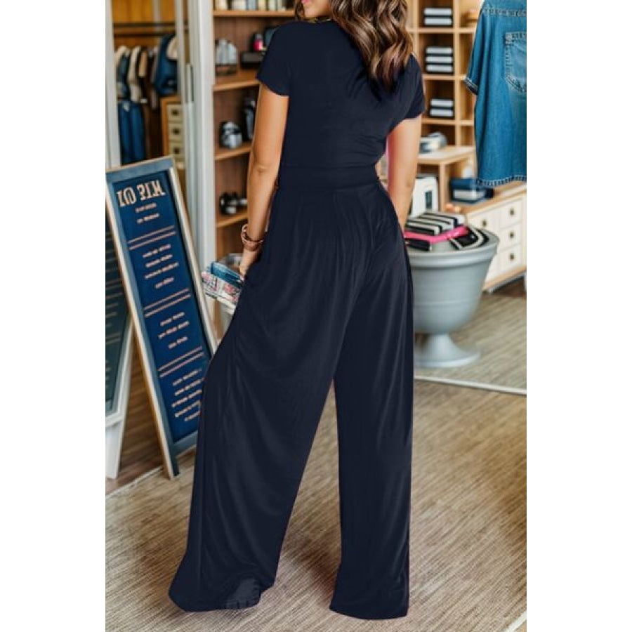 Short Sleeve Top and Wide Leg Pants Set Apparel and Accessories