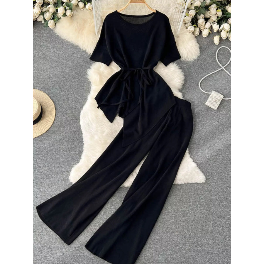 Short Sleeve Top and Wide Leg Pants Set Black / One Size Apparel and Accessories