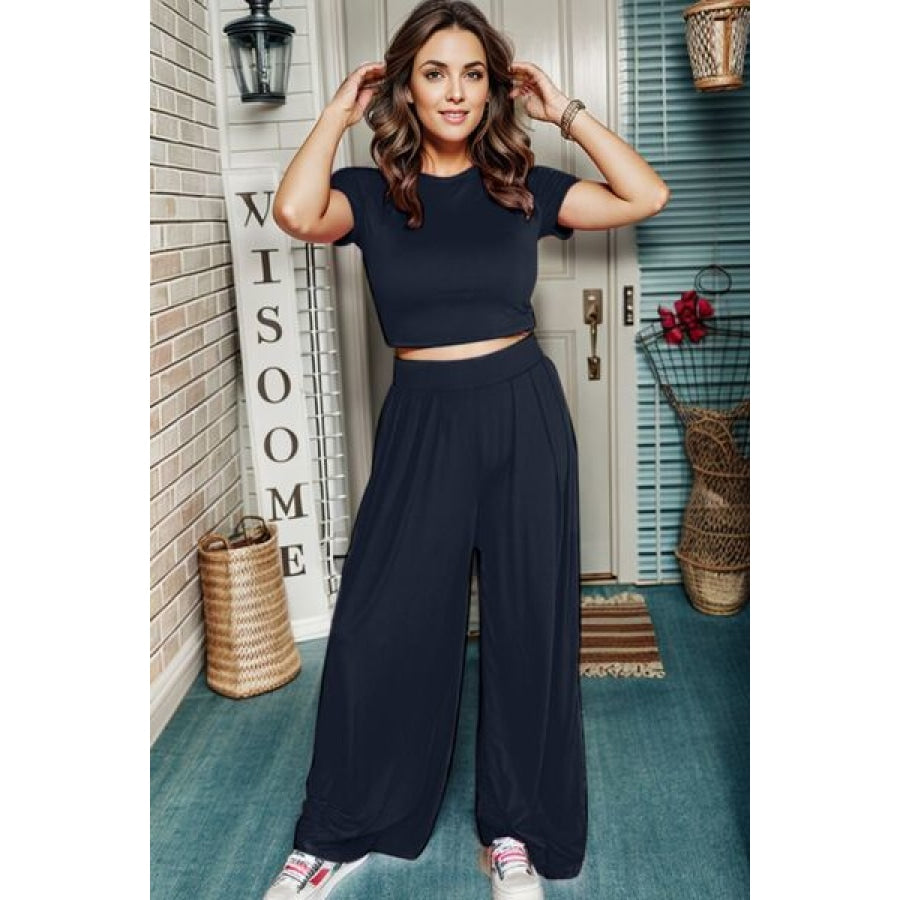 Short Sleeve Top and Wide Leg Pants Set Black / S Apparel and Accessories