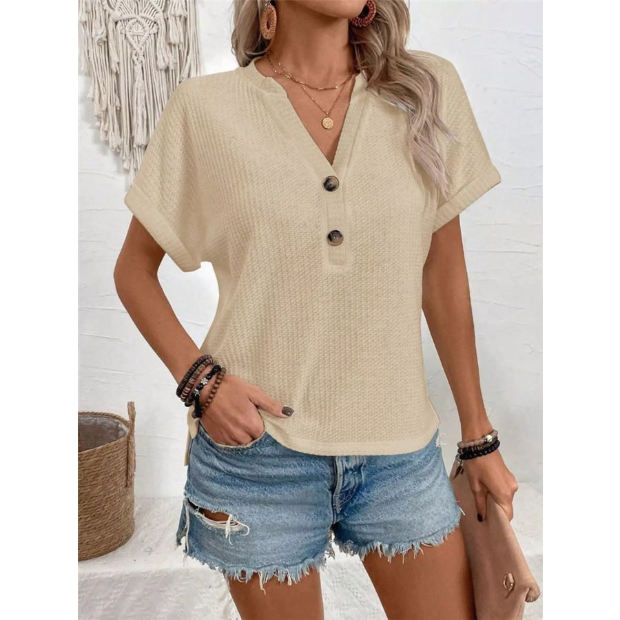 Short Sleeve Waffle Knit T-Shirt Apricot / S Apparel and Accessories