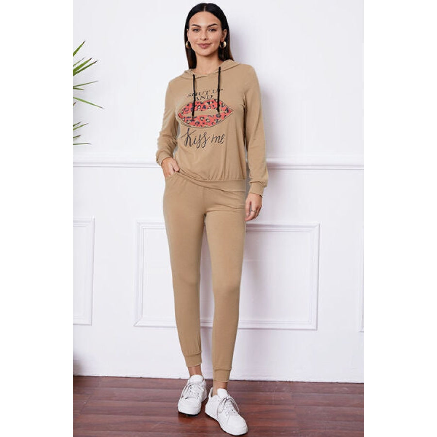 Sandee Rain Boutique - SHUT UP AND KISS ME Lip Graphic Hooded Top and  Drawstring Pants Set Trendsi - Sandee Rain Boutique