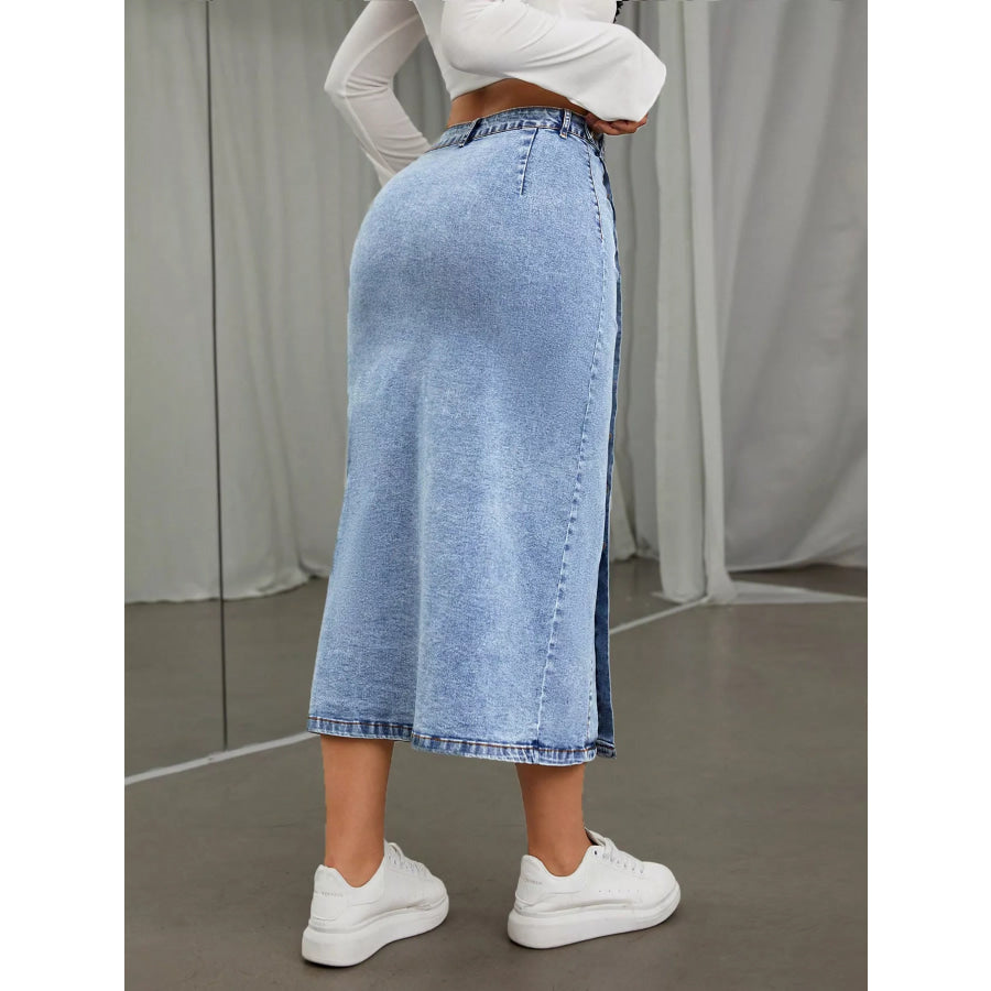 Side Button Slit Denim Midi Skirt Apparel and Accessories