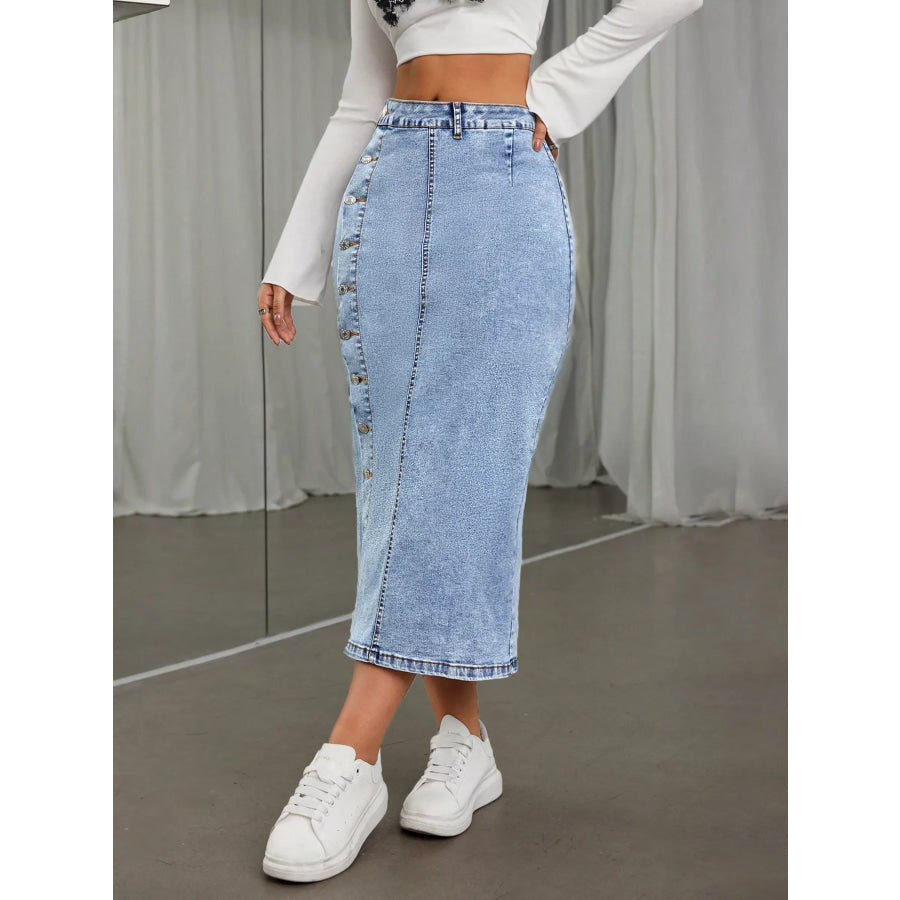 Side Button Slit Denim Midi Skirt Apparel and Accessories