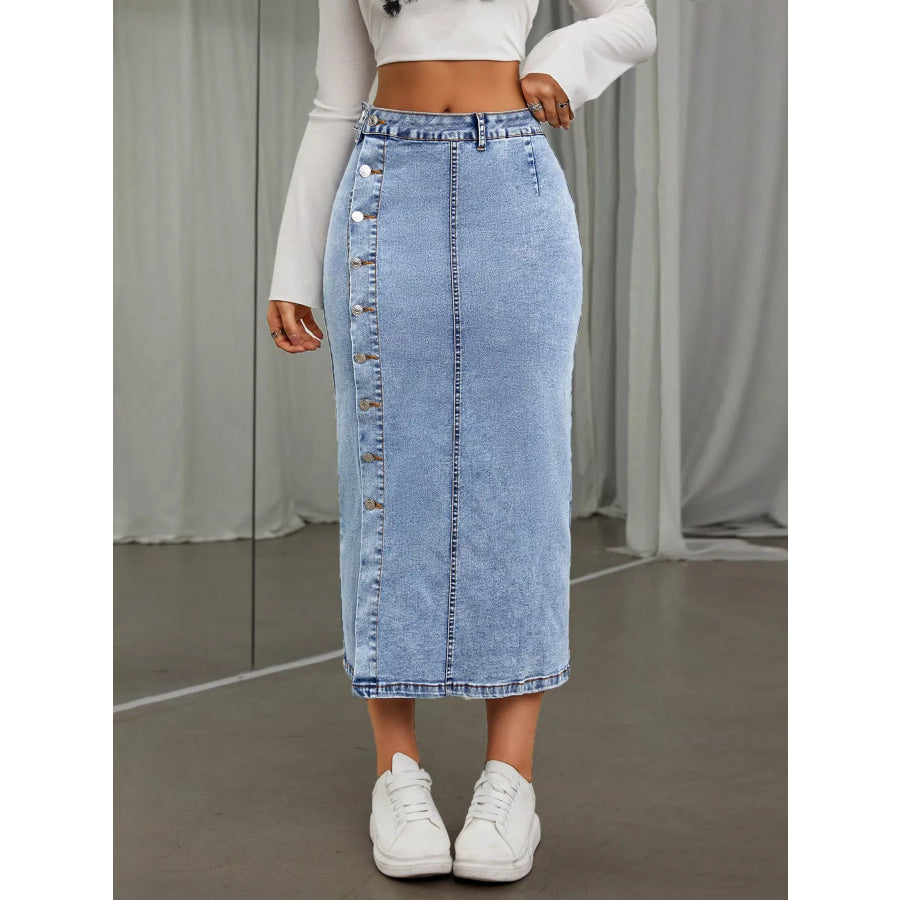 Side Button Slit Denim Midi Skirt Apparel and Accessories