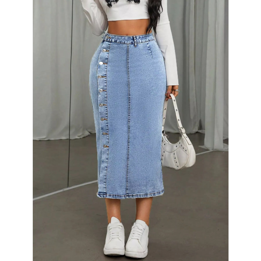 Side Button Slit Denim Midi Skirt Apparel and Accessories
