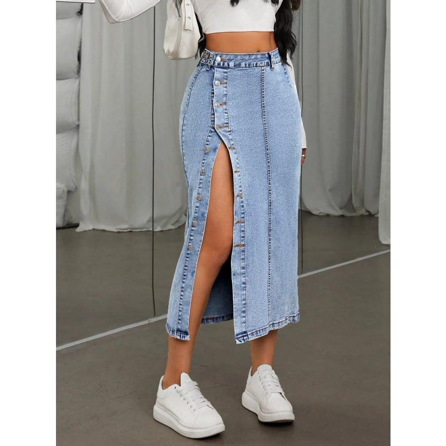 Side Button Slit Denim Midi Skirt Blue / XS Apparel and Accessories