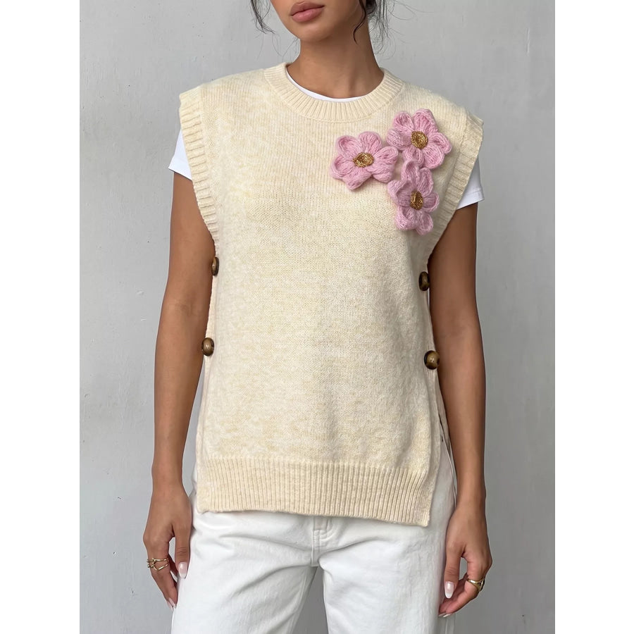 Side Button Sweater Vest with 3D Floral Appliques Apparel and Accessories