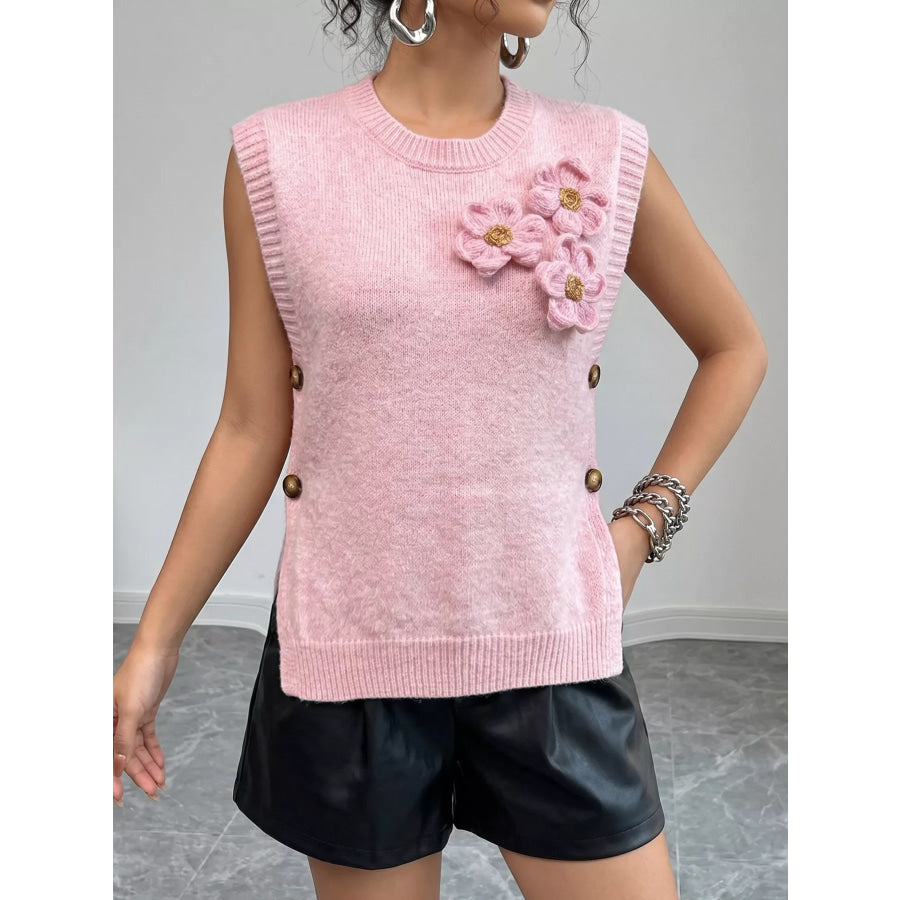Side Button Sweater Vest with 3D Floral Appliques Apparel and Accessories